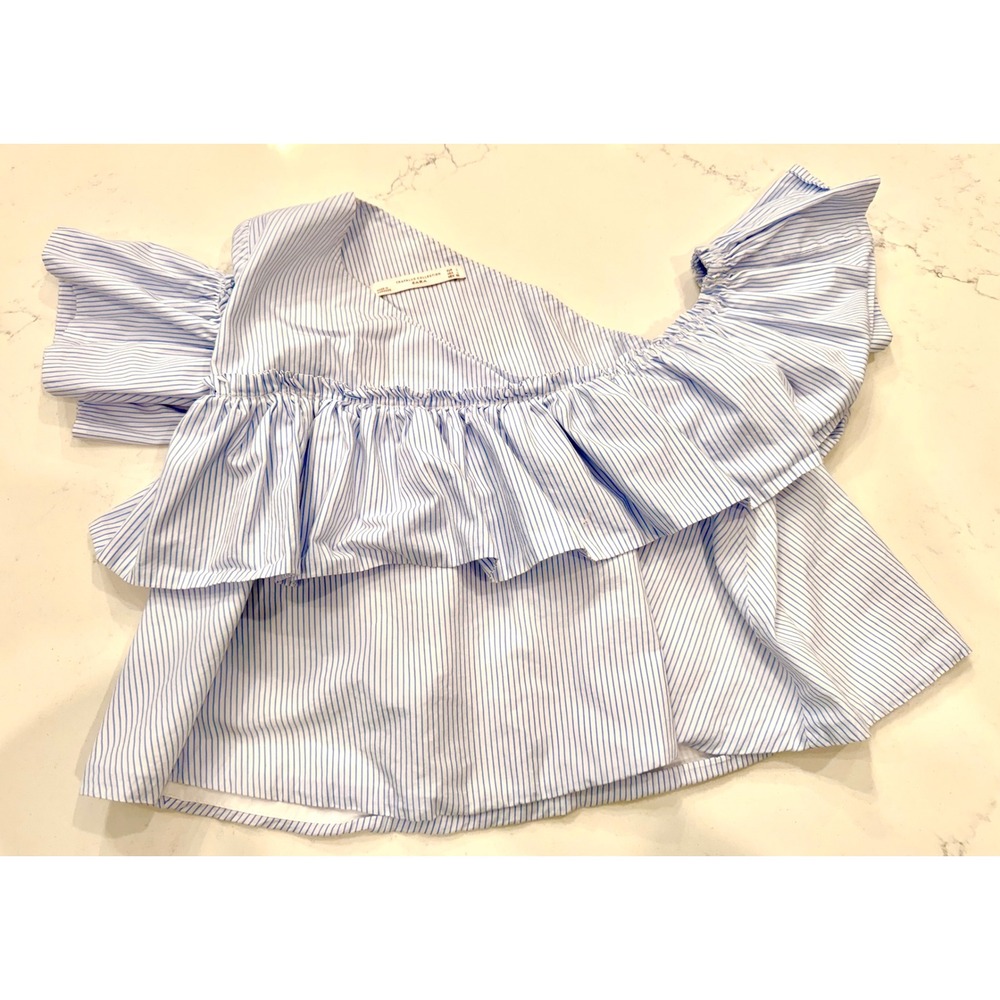 Zara Trafaluc Blue White Striped One Shoulder Ruffle Blouse Top Large